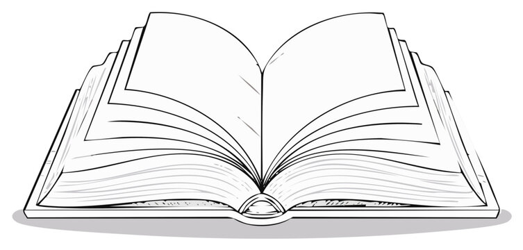 Hand drawn outline of an open book with blank pages spread wide for knowledge and study