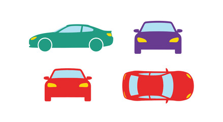 A colorful illustration showing four different views of automobiles