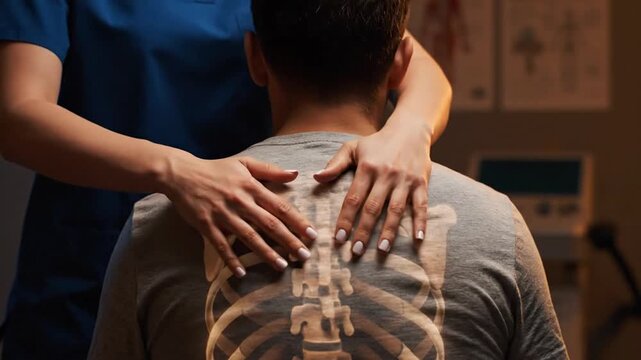 Chiropractic Care: Doctor Examines and Treats Patient's Spine with Overlayed X-Ray Image in Dark Room Setting for Sciatica Relief and Musculoskeletal Alignment up to 190 chars