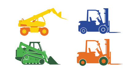 Colorful construction vehicle icons representing forklifts and skid steers