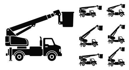 Various black silhouettes of a truck with an extended boom and basket