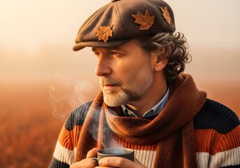 Pensive Man Enjoying a Hot Drink on a Foggy Autumn Morning - Cozy Outdoor Portrait