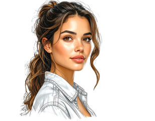 Woman with wavy brown hair in a white shirt looks to the left against a black background, portrait view