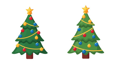 Two decorated christmas trees with colorful ornaments and twinkling lights