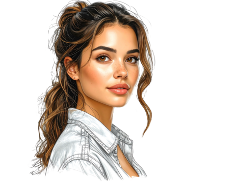 Woman with wavy brown hair in a white shirt looks to the left against a black background, portrait view