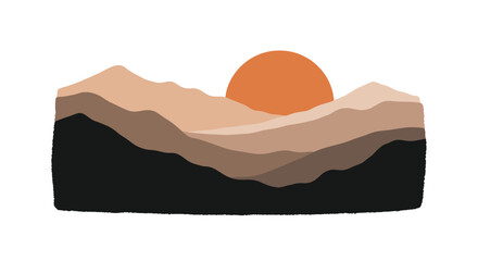 Minimalist mountain landscape with a vibrant orange sun setting in the distance