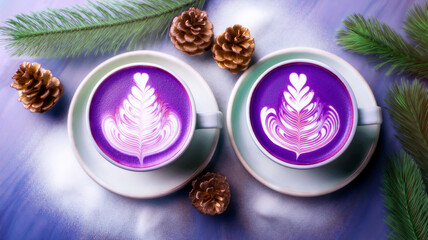 Two cup of purple Ube latte art with snow, pine cone and pine branches creating cozy white winter atmosphere background. Concept for holiday Christmas and New Year drinks. Generated image
