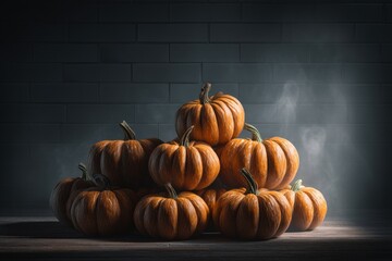 stack of carved pumpkins glowing in dark alley, spooky shadows on old brick wall, eerie light and smoke effect, no text.
