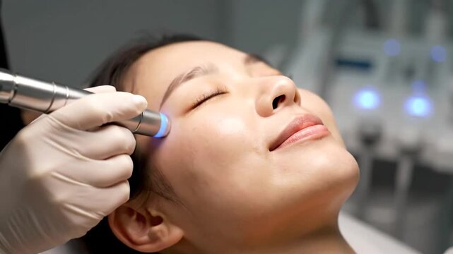 Young Woman Receiving HydraFacial Treatment for Skincare in Clinic with Closed Eyes and Blue Light Therapy and Medical Equipment for Dermatology Procedures in White Gloves and Dark Background
