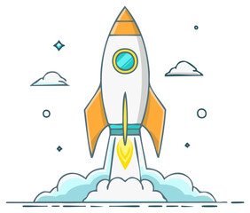 Cartoon rocket ship launching with bright flames and clouds against a white background