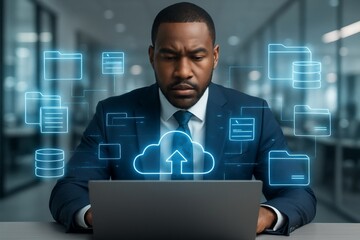 Businessman working on laptop with holographic cloud computing icons in modern office environment, symbolizing digital data storage technology concept. Ai generative
