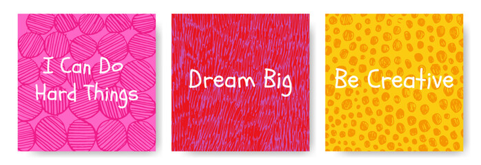 Aesthetic abstract background with inspiration and motivation quotes. Success phrases for planners and journals. Layout for social media posts, stories, mobile apps, websites.