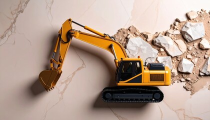 Powerful yellow excavator ready for industrial tasks with rocks backdrop