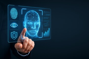 Man interacts with futuristic biometric facial recognition interface with fingerprint, eye scan, and security icons on dark digital background concept. Ai generative