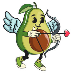 cute avocado mascot cartoon vector illustration being cupid with angel wings and the arrow of love, healthy food concept, isolated design for logo, kids, and nutrition themes, work of hand drawn