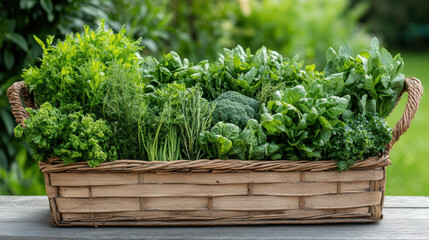 Naklejka premium Fresh herbs and greens in woven basket, showcasing vibrant colors and textures
