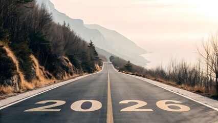 A wide, empty road leads into the distance with the year 2026 prominently displayed on the asphalt. Surrounding the road is a vast desert landscape under a clear sky.