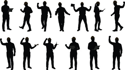 Construction worker silhouette vector set with hard hats, engineers and builders using tools, technology, teamwork, safety, and planning gestures
