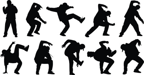 Dance and martial arts silhouette vector set with expressive motion poses, energetic body movement, and freestyle action for design use