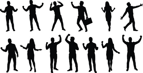 Expressive human silhouette vector set with dynamic poses, emotional gestures for communication, celebration, business, confidence, and professional interaction themes
