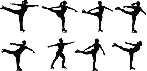 Figure skating silhouette vector set with elegant poses, ice skaters performing graceful movements for winter sports, dance, and fitness themes