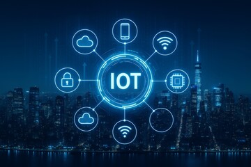 Futuristic IoT technology concept interface showing connected devices and smart icons on digital screen over modern cityscape at night skyline. Ai generative