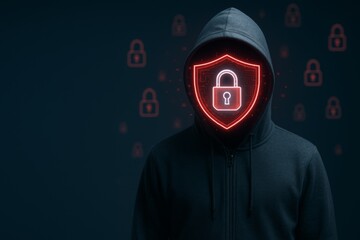 Mysterious hooded figure with digital padlock shield face symbolizing cybersecurity technology and protection concept on dark background. Ai generative