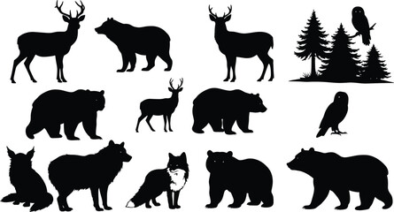 Naklejka premium Forest animal silhouettes including deer, bears, wolves, fox, owls, lynx, and trees, perfect for wildlife design, nature art, education.