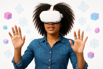 Woman using virtual reality headset interacting with floating geometric digital elements representing immersive technology concept on white background. Ai generative