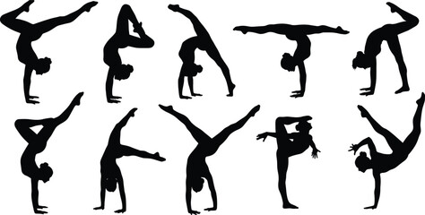 Gymnast silhouette set showing dynamic acrobatic poses, flexibility, strength, balance, handstands, splits, backbends, fitness movement illustration vector