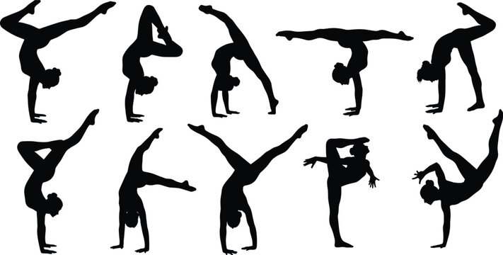 Gymnast silhouette set showing dynamic acrobatic poses, flexibility, strength, balance, handstands, splits, backbends, fitness movement illustration vector