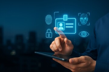 Digital identity verification with biometric security icons and user interface holograms accessed on touchscreen tablet in futuristic technology concept. Ai generative