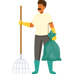 Man with Rake and Trash Bag Standing Ready for Outdoor Cleanup and Gardening Work in Yellow Gloves and Boots