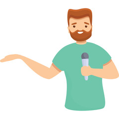 Man With Red Hair And Beard Holding A Microphone And Gesturing With His Hand In A Light Teal T Shirt On A Transparent Background