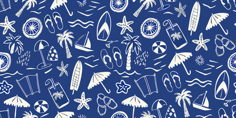 Naklejka premium Whimsical hand drawn summer vacation pattern with beach elements on a blue background