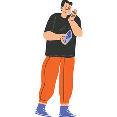 Man with Toothache Holding Ice Pack and Touching His Cheek With a Pained Expression Wearing Black TShirt Orange Pants and Blue Shoes Isolated on White Background
