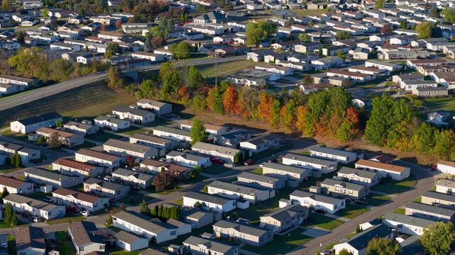 Aerial view of mobile homes in trailer park neighborhood in Northville, Michigan
