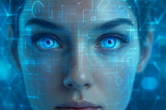 Close-up of futuristic human face with glowing blue eyes and digital interface overlay representing artificial intelligence and cyber technology concept. Ai generative