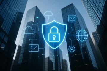 Cybersecurity shield icon with digital network symbols above city skyscrapers depicting secure data protection and digital privacy concept in business district. Ai generative