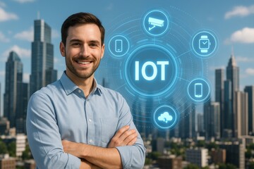 Smiling man with IoT technology concept interface over city background illustrating smart devices and digital connectivity in urban setting. Ai generative