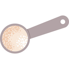 Measuring scoop filled with fine light brown powder granules with visible particles and transparent background