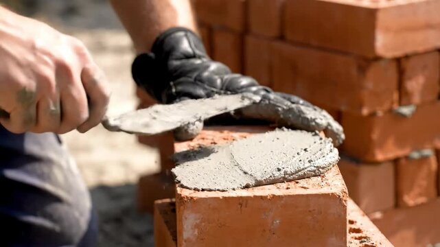 A construction worker wearing black gloves spreads mortar onto a brick with a trowel.