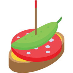Isometric Illustration of a Single Savory Appetizer with Salami Pickle and Mustard on a Bread Slice with a Wooden Skewer against a Transparent Background