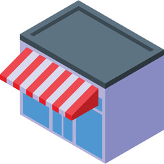 Isometric Illustration of a Small Store Building With Red and White Striped Awning and Blue Windows Detailed Roof and Light Purple Walls Isolated on Transparent Background