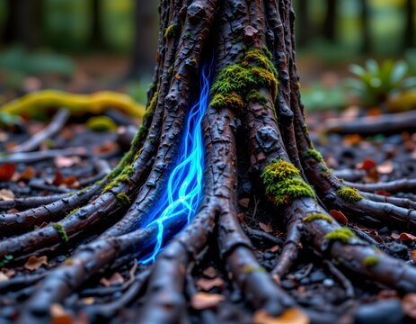 Surreal Blueglowing Tree Roots Forest Scene