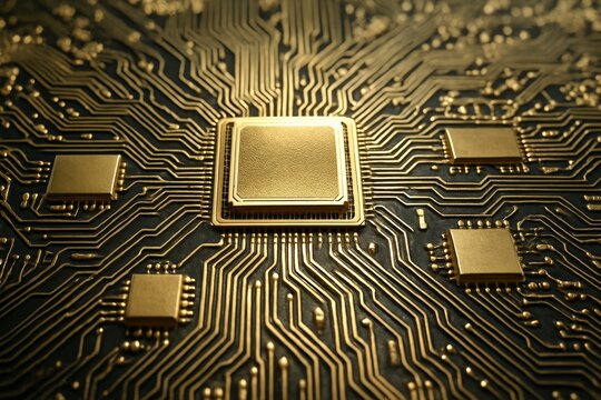 Close-up of golden microchip and circuit lines on black motherboard surface showing futuristic technology and innovation concept in computing systems. Ai generative