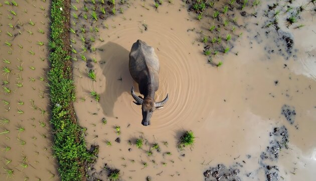 Aerial view of a water buffalo wading in a muddy field with rice paddies