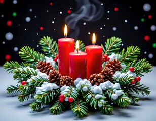 Festive Christmas Wreath with Lit Candles and Pine Cones