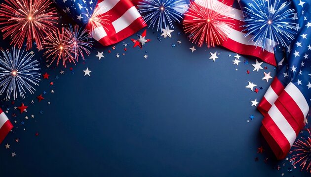 Patriotic celebration background featuring the American flag fireworks and stars