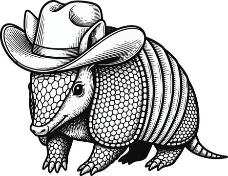 Cute armadillo in a cowboy hat Beautiful vintage engraving vector illustration Black outline